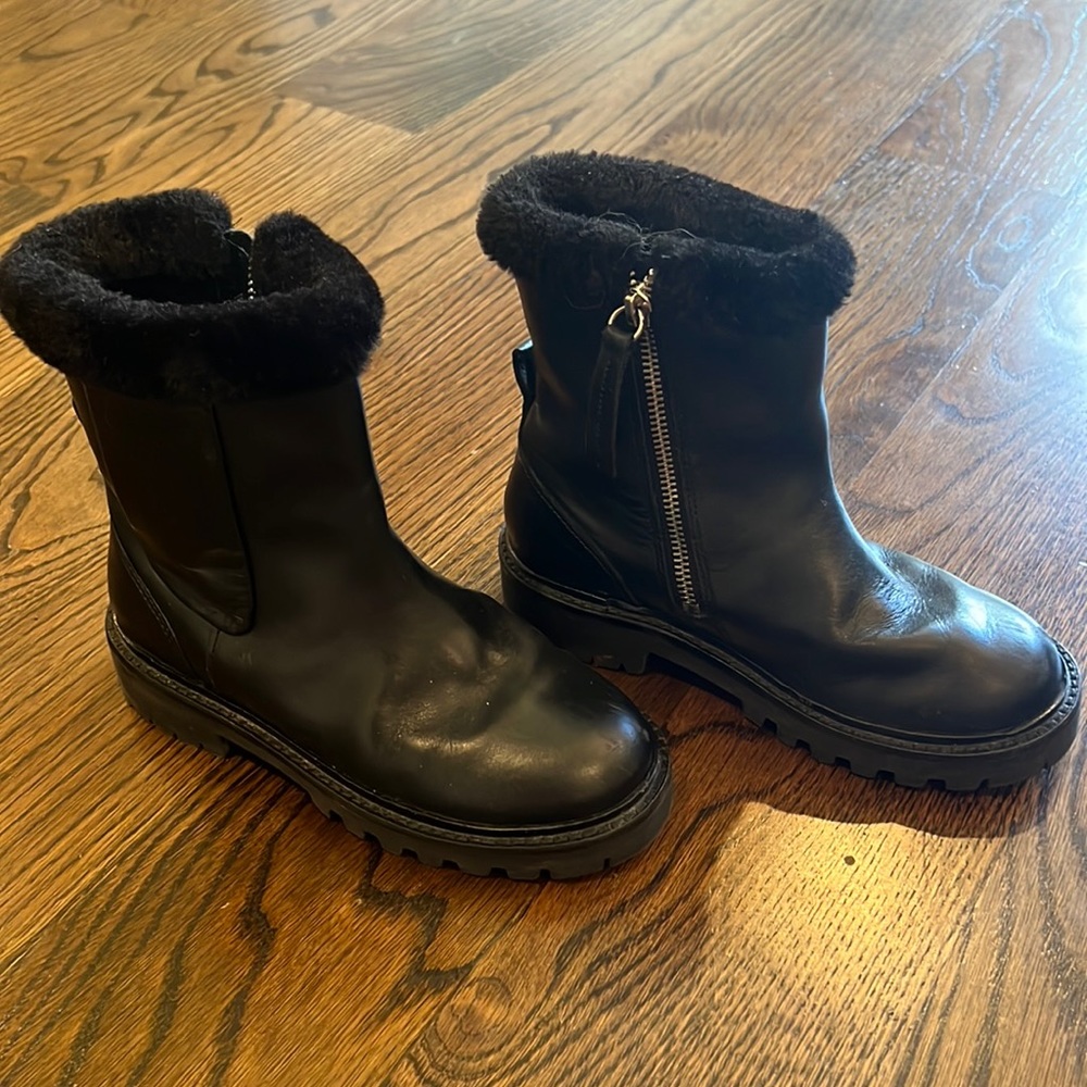 Girls Zara Black Leather Boots w/ Faux Fur Lining, Sz US 13 EU 32